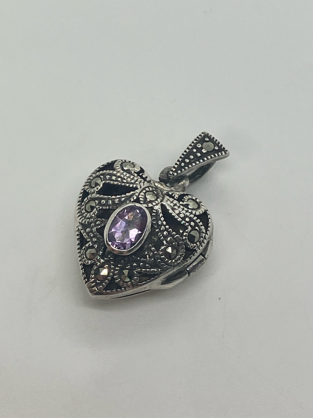 Vtg 925 Amethyst Marcasite Sterling Silver Filigree Puffy Heart Locket